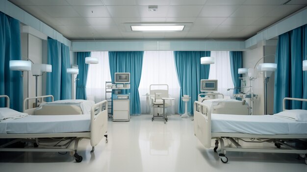 Sala de recuperación del hospital con camas 3d renderización