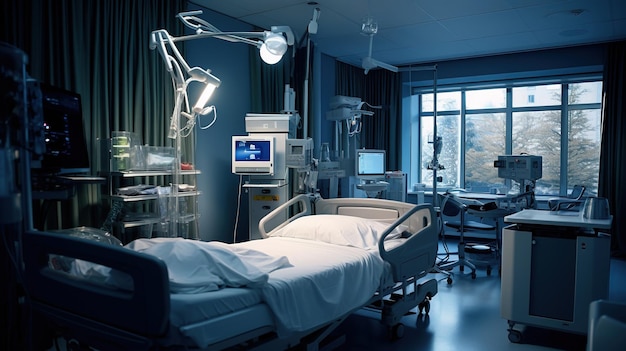 Sala de recuperación de IA generativa con cama cómoda interior médico habitación de hospital vacía