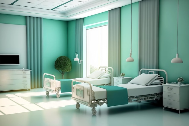 Sala de recuperación moderna con camas y equipo médico cómodo Ilustración generativa de IA