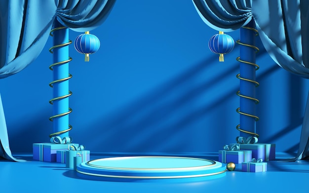 Sala de representación 3d con podio de pedestal de cilindro azul realista y luz simple