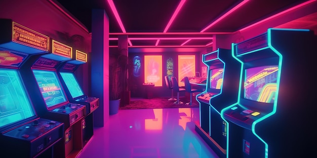 Sala Retro Arcade Machin, una sala de ondas sintéticas con vibraciones de Arcade Machin de los años 80, color ciberpunk futurista