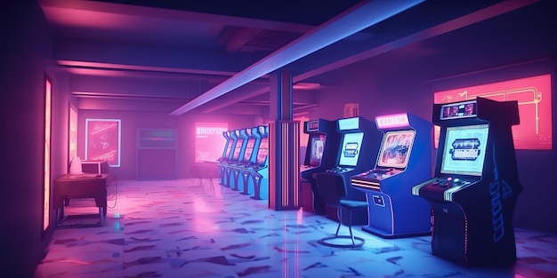 Sala Retro Arcade Machin, una sala de ondas sintéticas con vibraciones de Arcade Machin de los años 80, color ciberpunk futurista