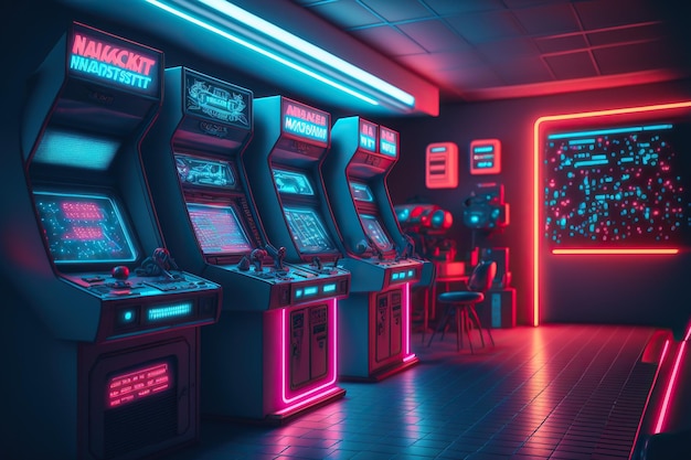 sala retrô Arcade Machin, um salão de onda de sintetizador com Arcade Machin