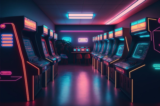 sala retrô Arcade Machin, um salão de onda de sintetizador com Arcade Machin