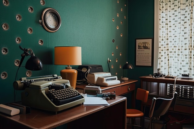 Foto sala retro con máquina de escribir de discos de vinilo y teléfono rotatorio creado con ai generativo