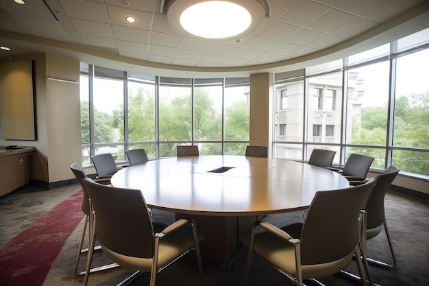 Sala de reuniones corporativas con mesa redonda y sillas para debates creadas con IA generativa