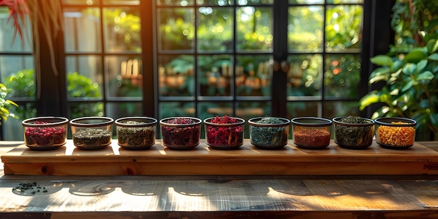 Foto sala de reuniones de la fábrica de té de ceilán con varios tés en una mesa de madera en sri lanka producción de alta calidad concepto de visita a la fábrica de té tés de sri lanka configuración de la sala de reuniones de tés exhibición de mesa de madera