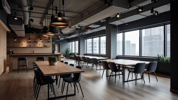 Una sala de reuniones con una gran mesa y sillas y un gran ventanal con la vista de la ciudad de fondo.