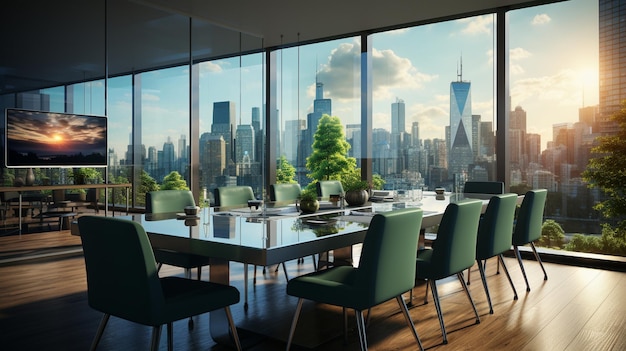 Sala de reuniones de lujo con vista panorámica de la ciudad y generativa de luz natural