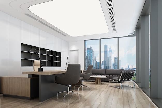 Sala de reuniones de lujo con vista panorámica y luz del día Presentación y concepto corporativo Representación 3D