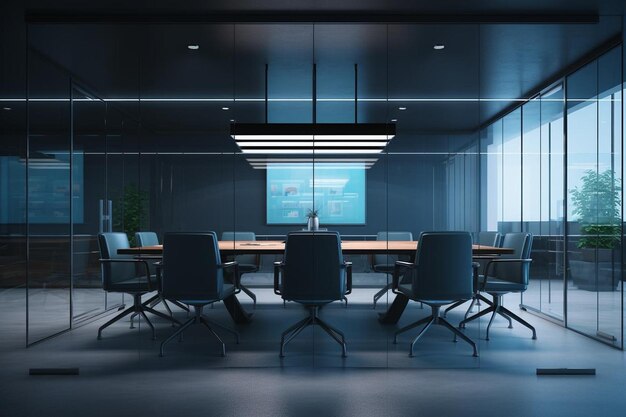 Sala de reuniones moderna borrosa con mesas y sillas