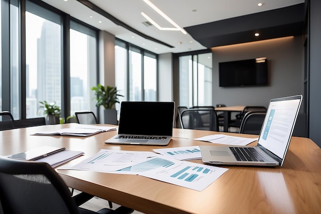 Sala de reuniones de negocios y de conferencias con computadora portátil y documentos de negocios