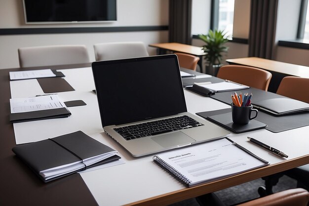 Sala de reuniones de negocios y de conferencias con computadora portátil y documentos de negocios