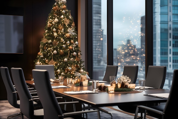 Sala de reuniones de la oficina decorada con una elegante decoración navideña para Navidad