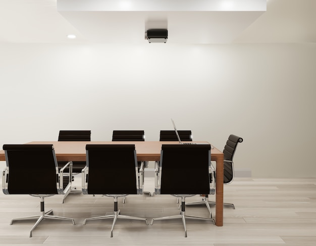 Sala de reuniones con pared blanca, piso de madera copia espacio representación 3d