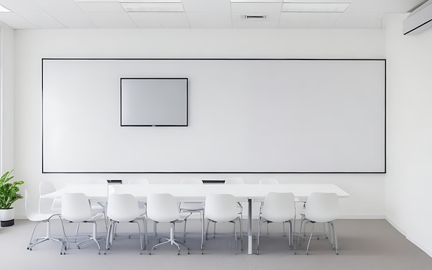 una sala de reuniones con sillas blancas y una gran pizarra blanca en la pared generada por ai