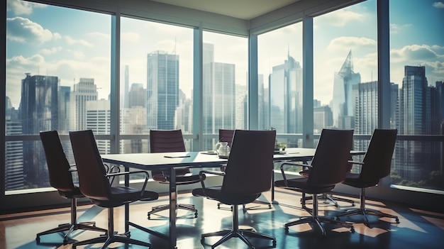 Foto sala de reuniones vacía vista de fondo borrosa de edificios altos desde las ventanas para el fondo de negocios