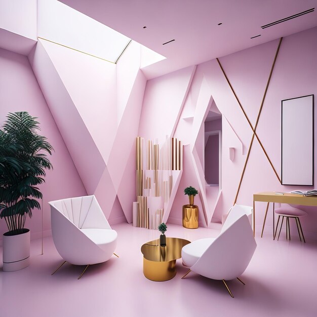 Sala rosa com espaço livre com detalhes dourados