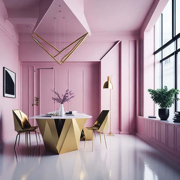 Sala rosa com espaço livre com detalhes dourados