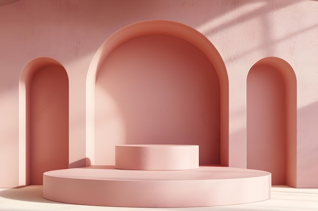 Sala rosa minimalista con puesto de exposición de arte abstracto