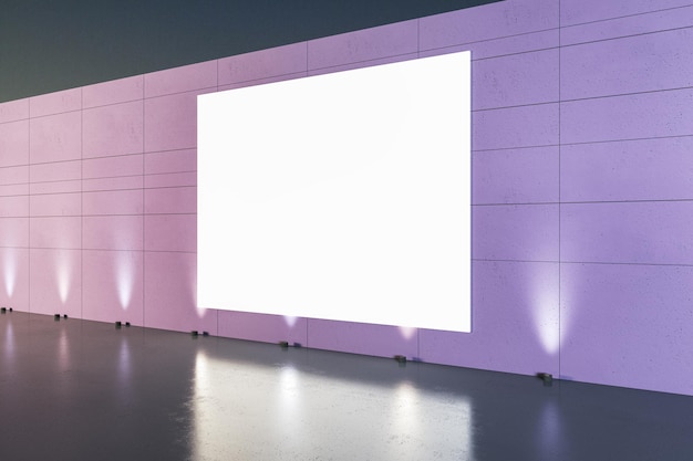 Sala roxa vazia com luzes e mock up poster Renderização em 3D