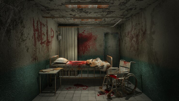 Sala de sala de terror y espeluznante en el hospital con sangre. Representación 3D