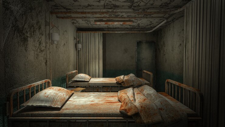 Sala de sala de terror y espeluznante en el hospital con sangre. Representación 3D