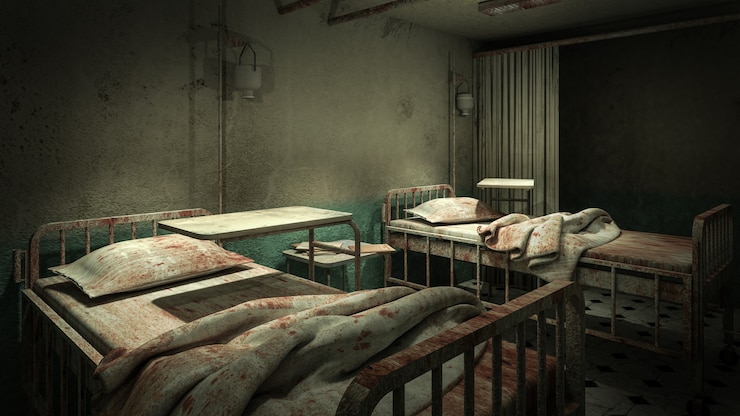 Sala de sala de terror y espeluznante en el hospital con sangre