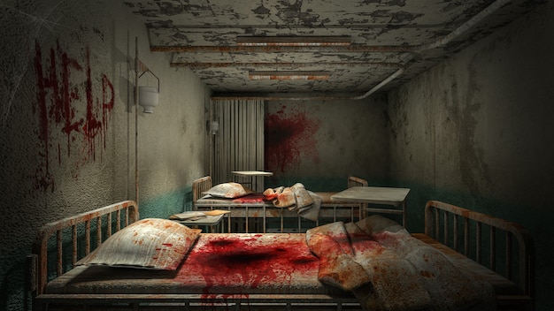 Sala de sala de terror y espeluznante en el hospital con sangre.