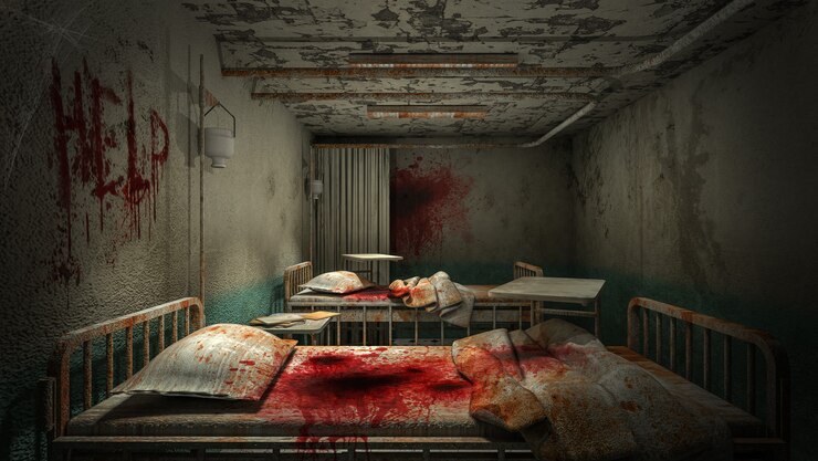 Sala de sala de terror y espeluznante en el hospital con sangre.