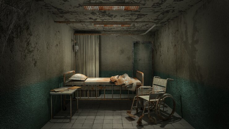 Sala de sala de terror y espeluznante en el hospital con sangre.