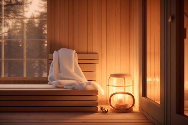 una sala de sauna con un acogedor asiento incorporado junto a la ventana