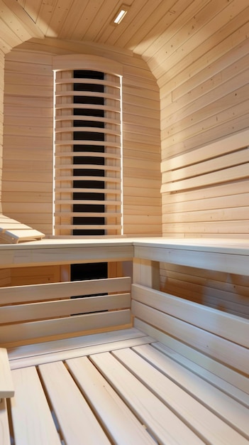 Una sala de sauna de madera con un banco y una ventana