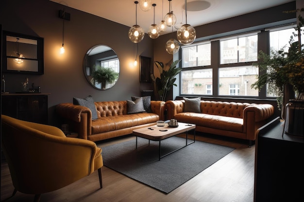 Sala Scandi com elegantes sofás de couro e iluminação contemporânea