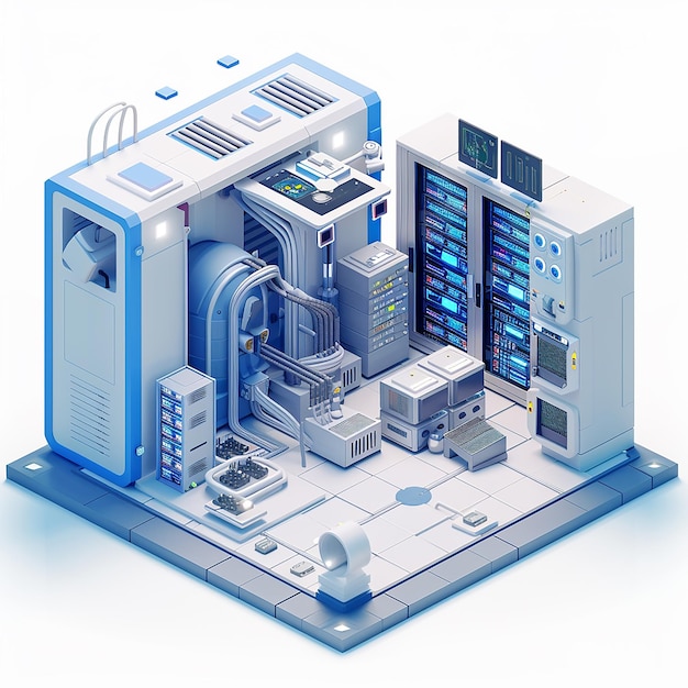 Sala de servidores 3D isométrica con tecnología moderna