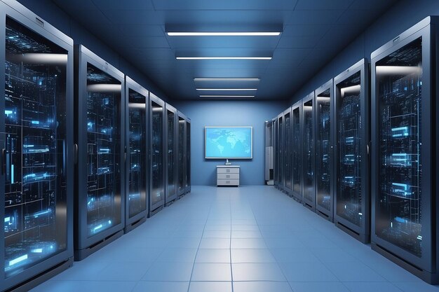 Sala de servidores azul grandes datos y tecnología de comunicación de Internet d renderización ar c v