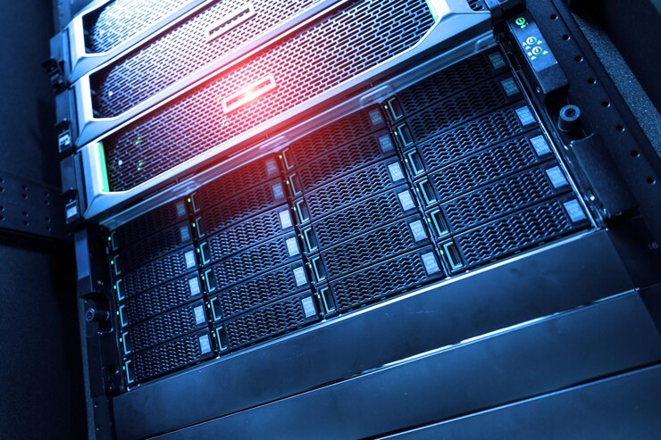 Foto la sala de servidores le dice al servidor de computadoras que está trabajando continuamente transmitir la potencia y el progreso