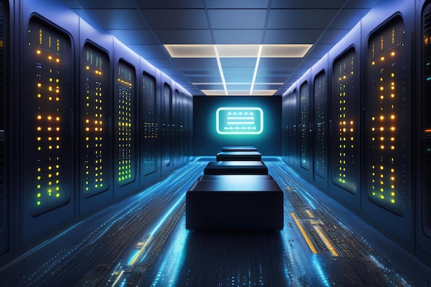 Una sala de servidores futurista azul