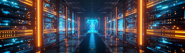 Sala de servidores informáticos futuristas con servidores brillantes que representan el procesamiento de datos y la conectividad
