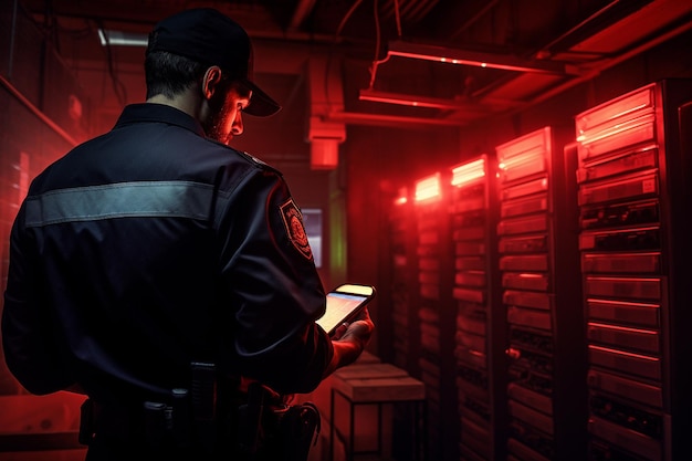 Sala de servidores durante una inspección con el clipboard en la mano