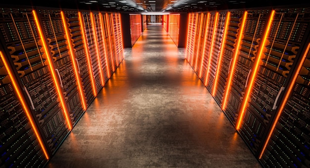 Sala de servidores con luces naranjas que iluminan el pasillo en el centro de datos