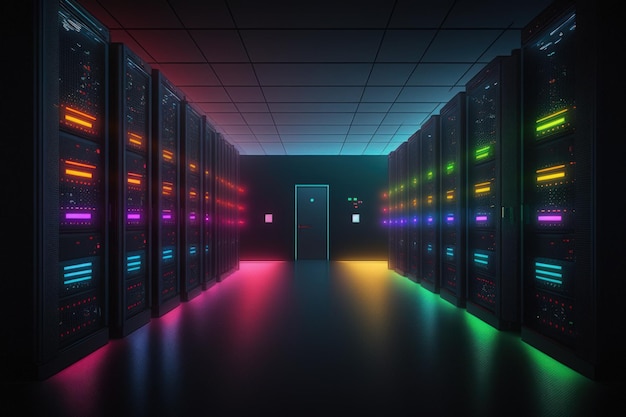 Sala de servidores oscura con iluminación de colores vibrantes