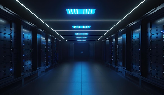 Sala de servidores oscura con luces azules brillantes y unidades de almacenamiento que crean una atmósfera de alta tecnología