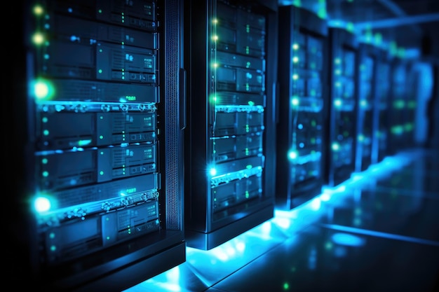 Sala de servidores de red con discos duros en luz azul renderización 3D fila de servidores de Red con luces LED brillantes AI Generado