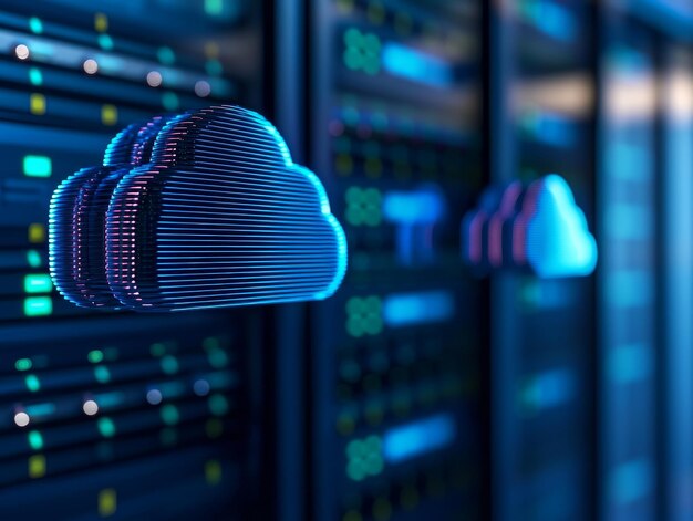 Sala de servidores de tecnología en la nube con conexiones de red brillantes centro de datos moderno