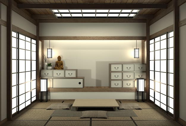 Foto la sala de simulacros de japón con piso de tatami y decoración estilo japonés fue diseñada en estilo japonés.