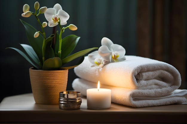 Una sala de spa con una toalla blanca y una vela con Frangipani
