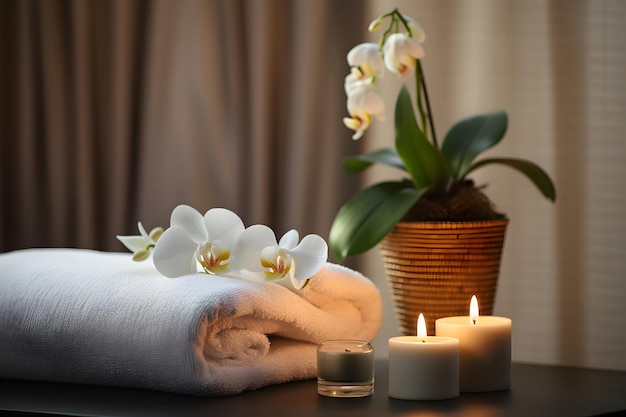 Una sala de spa con una toalla blanca y una vela con Frangipani