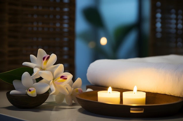 Una sala de spa con una toalla blanca y una vela con Frangipani