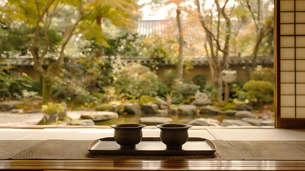 Una sala de té japonesa tradicional con vista a un jardín Zen La habitación es simple y elegante con un piso de tatami y una mesa baja